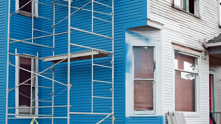 Scaffolding set up by Detroit outdoor painters to refresh the exterior of a multi-story building