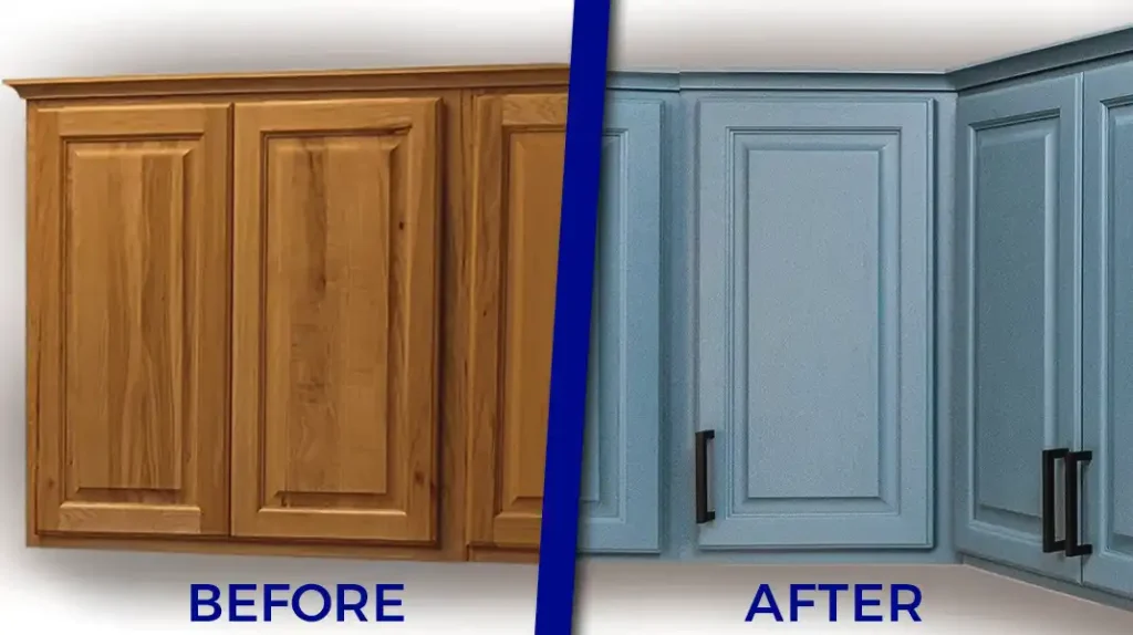 Before and after of Detroit kitchen cabinet refinishing by skilled painters.